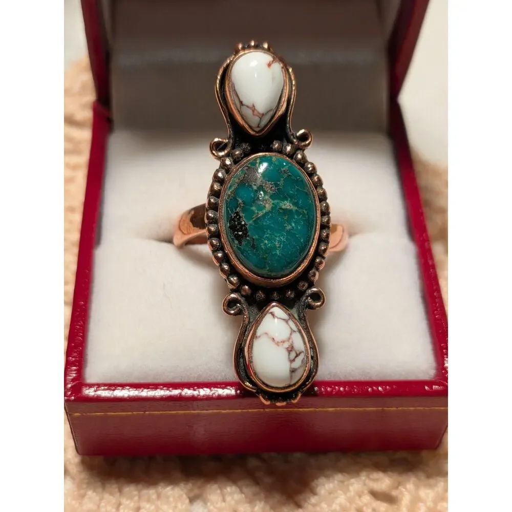 Copper Ring with White Horse & Kingman Turquoise
